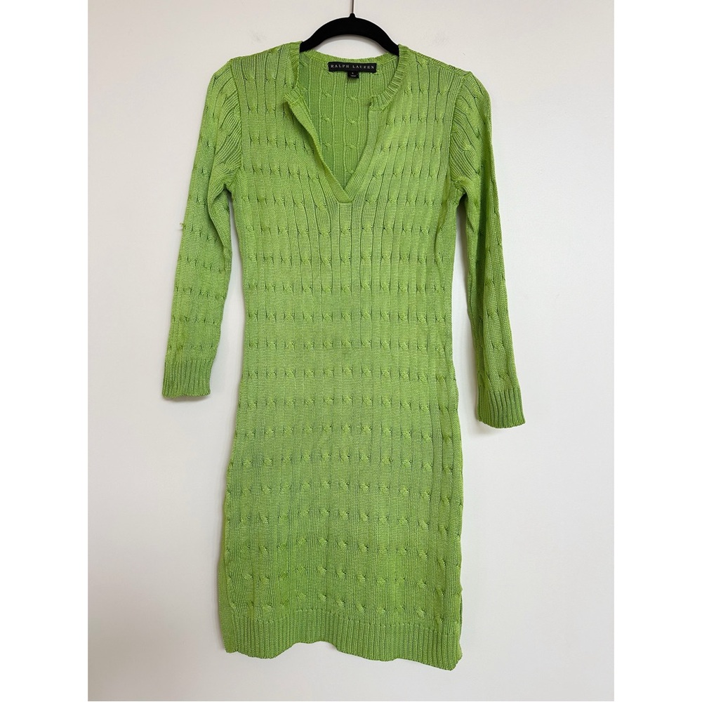 Ralph Lauren Black Label 100% Silk Cable Knit Sweater Dress Green Size Small